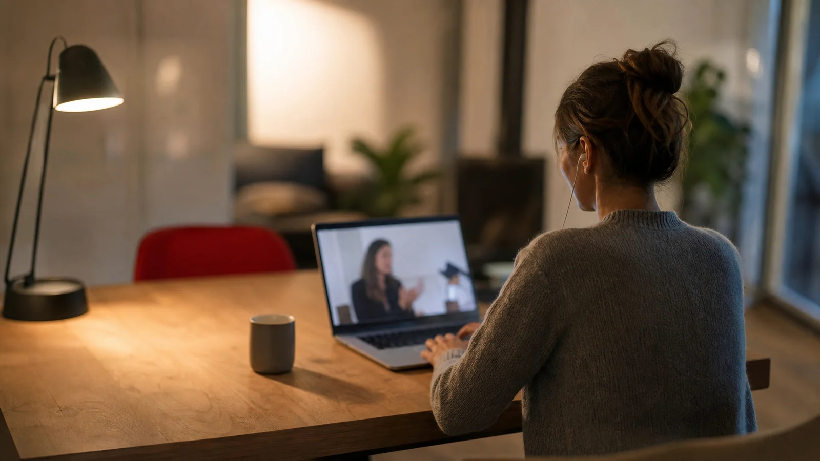 Personne suivant une formation à distance en Suisse depuis son domicile face à un paysage suisse